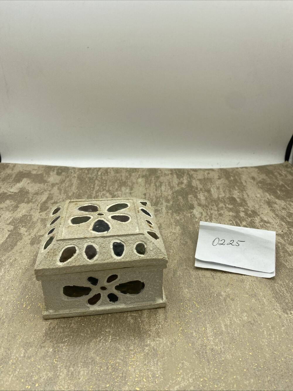 Cement Candle Holder With Lid Floral Design Brown And Beige 3.75”X 2.5”